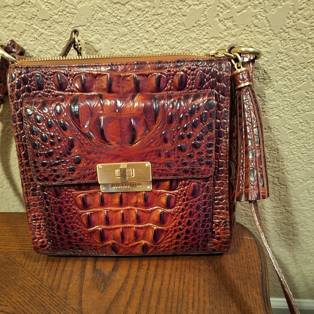 Brahmin Brown Crocodile Textured Crossbody Bag
